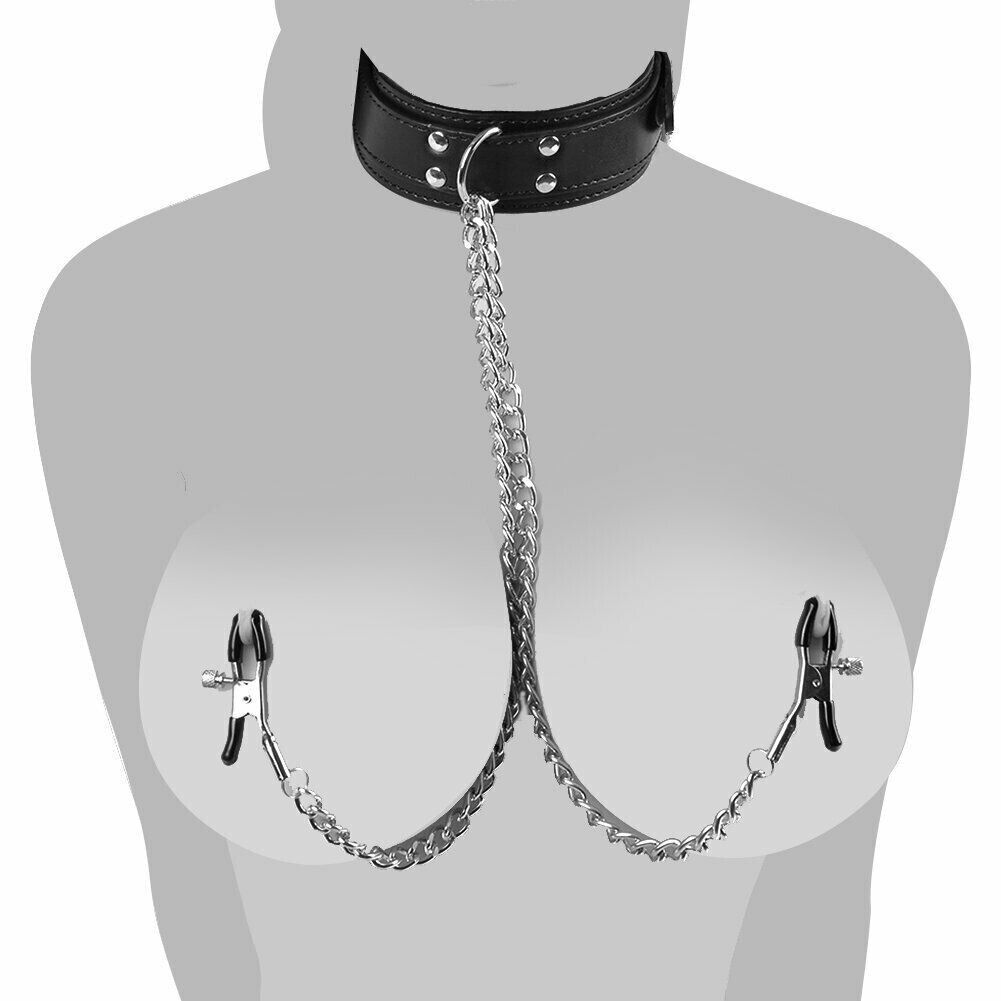 Collar de cuero PU con pinzas para pezones SM, juguetes sexuales de bondage para parejas BDSM