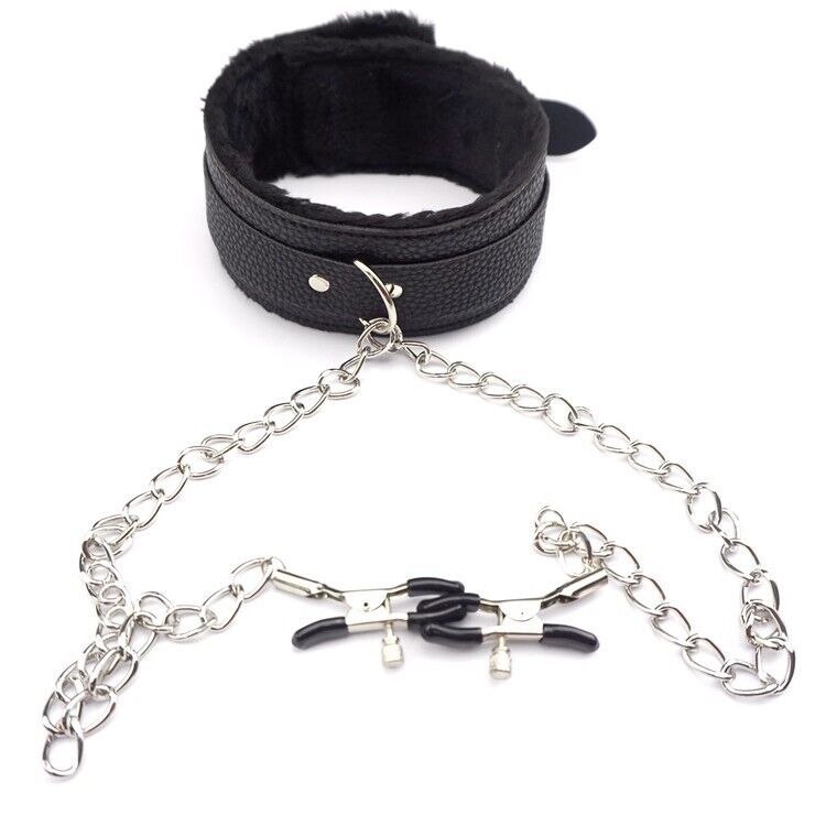 Collar de cuero PU con pinzas para pezones SM, juguetes sexuales de bondage para parejas BDSM