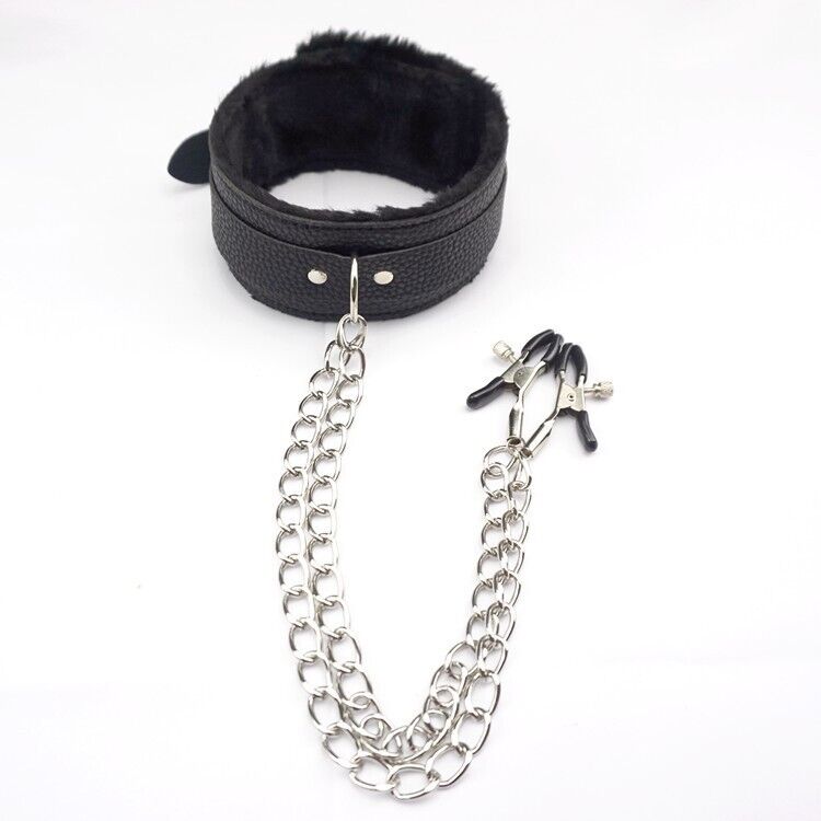 Collar de cuero PU con pinzas para pezones SM, juguetes sexuales de bondage para parejas BDSM