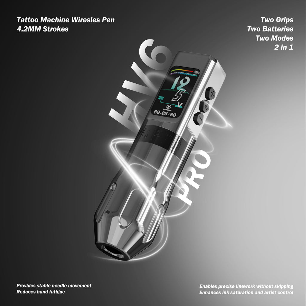 INKSOUL® Máquina de Tatuar Inalámbrica Tipo Pluma 4.2MM Strokes Dos Grips Dos Baterías Dos Modos 2 en 1 | HV6 PRO