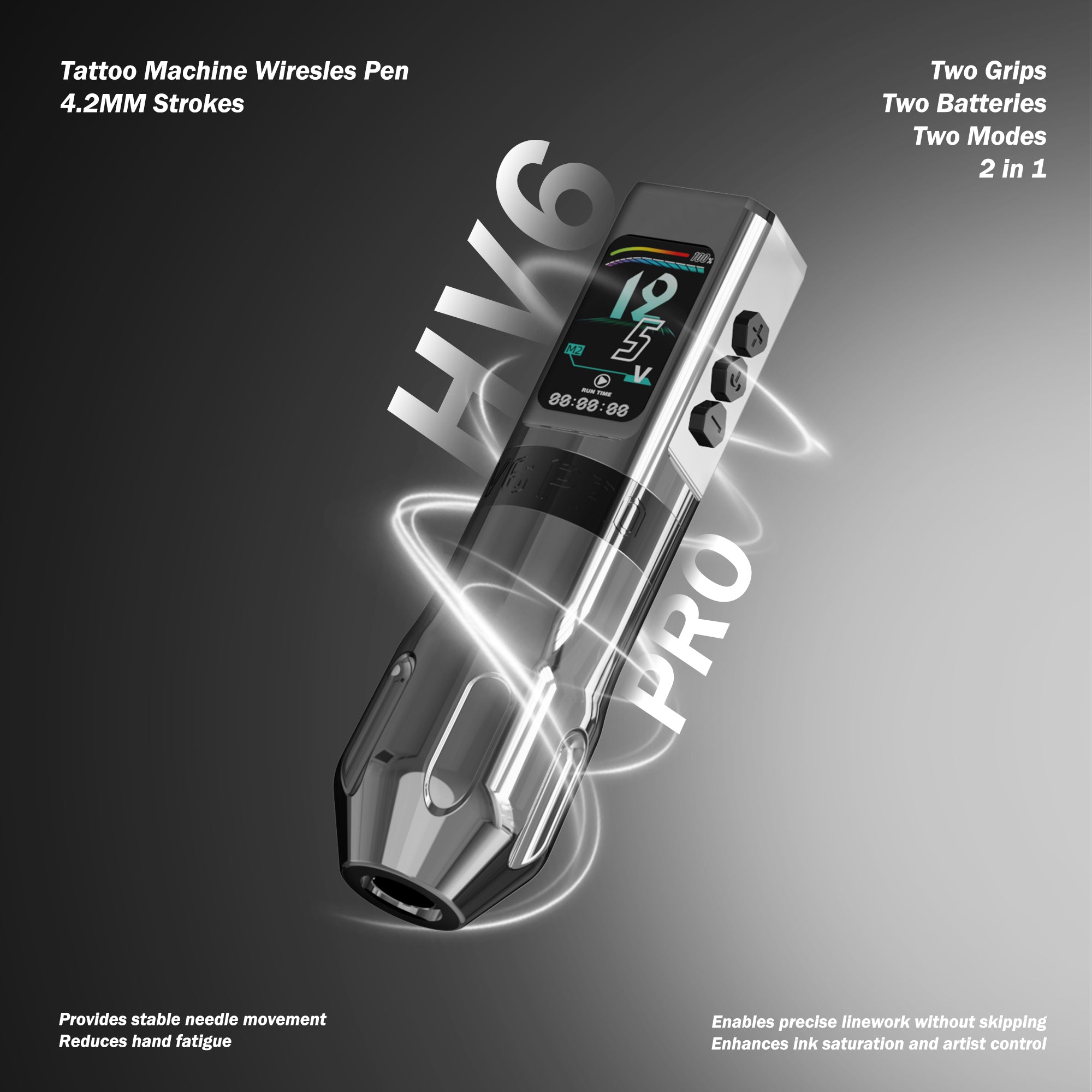 INKSOUL® Máquina de Tatuar Inalámbrica Tipo Pluma 4.2MM Strokes Dos Grips Dos Baterías Dos Modos 2 en 1 | HV6 PRO