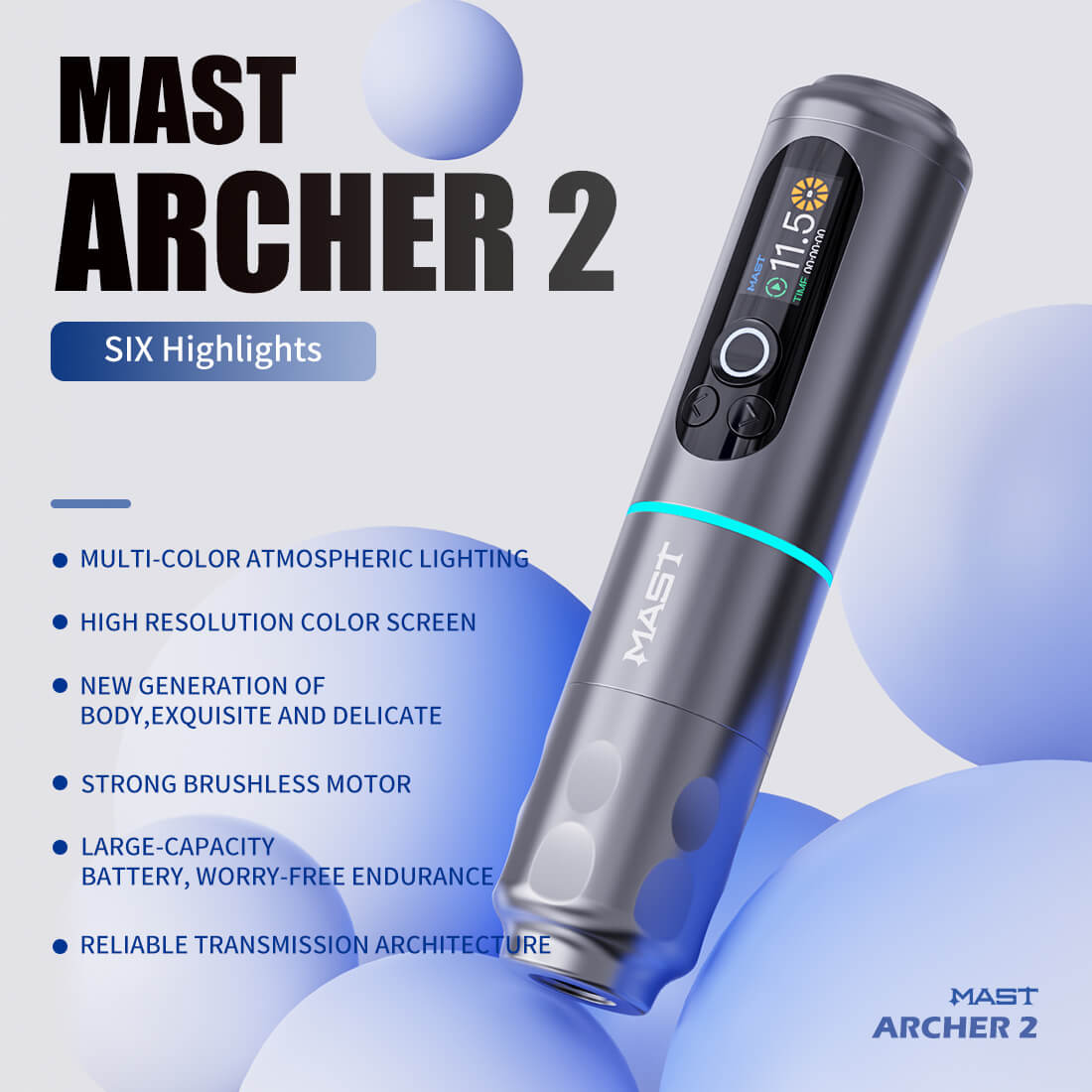 Máquina de tatuaje inalámbrica Dragonhawk con motor sin escobillas de 3,5 mm y pantalla a color | Mast Archer 2